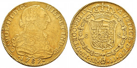 Charles III (1759-1788). 8 escudos. 1787. Santa Fe de Nuevo Reino. JJ. (Cal-2122). (Cal onza-893). Au. 26,87 g. Minor nicks on edge. Almost VF/VF. Est...