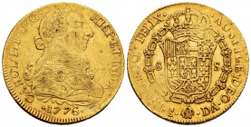 Charles III (1759-1788). 8 escudos. 1776. Santiago. DA. (Cal-2152). Au. 27,04 g. Slight weak strike. Minor scratches. Scarce. Choice VF. Est...1300,00...