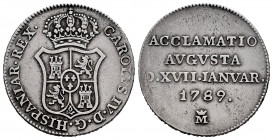 Charles IV (1788-1808). "Proclamation" medal. 1789. Madrid. (Vives-87). (H-64). (Vq-13119). Ag. 5,98 g. 2 real module. Choice VF. Est...60,00. 

Spa...