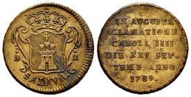 Charles IV (1788-1808). "Proclamation" medal. 1879. Sadava. (H-90, en plata). 5,41 g. 21-IX-1789. 22 mm. Rare. Choice VF. Est...90,00. 

Spanish Des...