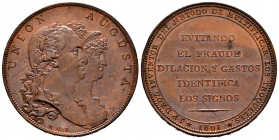 Charles IV (1788-1808). Medal. 1801. (Vives-191). Anv.: Engraver M.G.S. (Mariano González Sepúlveda). UNION AUGUSTA. Rev.: J. P. Droz, EVITANDO EL FRA...