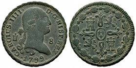 Charles IV (1788-1808). 8 maravedis. 1799. Segovia. (Cal-76). Ae. 12,39 g. Attractive specimen. Almost XF. Est...60,00. 

Spanish Description: Carlo...