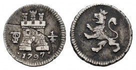 Charles IV (1788-1808). 1/4 real. 1797. Potosí. (Cal-144). Ag. 0,94 g. Striking error on obverse. VF. Est...80,00. 

Spanish Description: Carlos IV ...