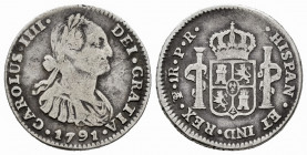 Charles IV (1788-1808). 1 real. 1791. Potosí. PR. (Cal-461). Ag. 3,32 g. Choice F. Est...35,00. 

Spanish Description: Carlos IV (1788-1808). 1 real...