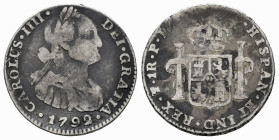 Charles IV (1788-1808). 1 real. 1792. Potosí. PR. (Cal-463). Ag. 3,25 g. F. Est...30,00. 

Spanish Description: Carlos IV (1788-1808). 1 real. 1792....