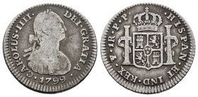 Charles IV (1788-1808). 1 real. 1799. Potosí. PP. (Cal-472). Ag. 3,34 g. F/Choice F. Est...30,00. 

Spanish Description: Carlos IV (1788-1808). 1 re...