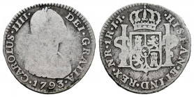 Charles IV (1788-1808). 1 real. 1793. Santa Fe de Nuevo Reino. JJ. (Cal-488). Ag. 3,21 g. Rare. Exempt from export taxes. Almost F. Est...60,00. 

S...