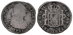 Charles IV (1788-1808). 1 real. 1795. Santa Fe de Nuevo Reino. JJ. (Cal-491). (Restrepo-78-12). Ag. 2,39 g. Rare. F/Choice F. Est...100,00. 

Spanis...
