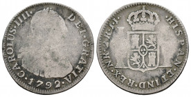 Charles IV (1788-1808). 2 reales. 1792. Santa Fe de Nuevo Reino. JJ. (Cal-678). (Restrepo-80.1). Ag. 6,01 g. Very scarce. F. Est...100,00. 

Spanish...
