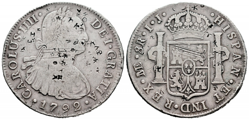 Charles IV (1788-1808). 8 reales. 1792. Lima. IJ. (Cal-908). Ag. 26,45 g. Chop m...