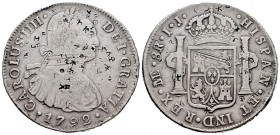 Charles IV (1788-1808). 8 reales. 1792. Lima. IJ. (Cal-908). Ag. 26,45 g. Chop marks. Hairlines from strike. Almost VF. Est...50,00. 

Spanish Descr...