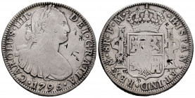 Charles IV (1788-1808). 8 reales. 1795. México. FM. (Cal-958). Ag. 26,55 g. Chop marks. Choice F. Est...50,00. 

Spanish Description: Carlos IV (178...