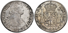 Charles IV (1788-1808). 8 reales. 1796. México. FM. (Cal-959). Ag. 26,90 g. With some original luster remaining. Soft tone. Choice VF/Almost XF. Est.....