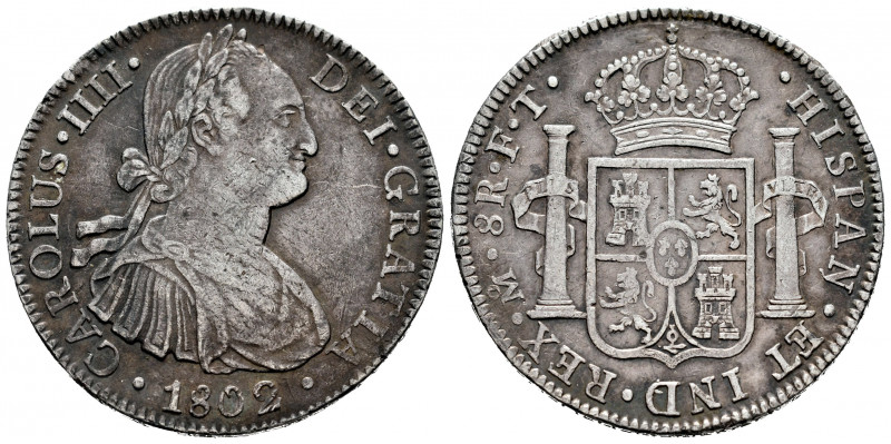 Charles IV (1788-1808). 8 reales. 1802. México. FT. (Cal-975). Ag. 26,75 g. Tone...