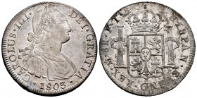Charles IV (1788-1808). 8 reales. 1803. México. FT. (Cal-977). Ag. 26,98 g. With some original luster remaining. Minor surface rust. Almost XF/XF. Est...