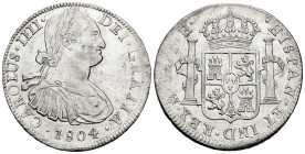 Charles IV (1788-1808). 8 reales. 1804. México. TH. (Cal-980). Ag. 26,90 g. Minor hairlines. With some original luster remaining. XF/Almost XF. Est......