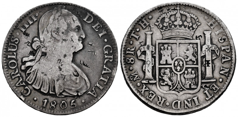 Charles IV (1788-1808). 8 reales. 1805. México. TH. (Cal-983). Ag. 26,62 g. Chop...