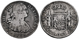 Charles IV (1788-1808). 8 reales. 1805. México. TH. (Cal-983). Ag. 26,62 g. Chop marks. Almost VF. Est...50,00. 

Spanish Description: Carlos IV (17...