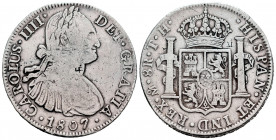 Charles IV (1788-1808). 8 reales. 1807. México. TH. (Cal-986). Ag. 26,58 g. Chop mark. Choice F. Est...35,00. 

Spanish Description: Carlos IV (1788...