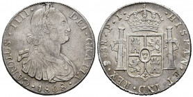 Charles IV (1788-1808). 8 reales. 1808. Potosí. PJ. (Cal-1014). Ag. 26,94 g. Lightly toned. Choice VF. Est...140,00. 

Spanish Description: Carlos I...