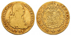 Charles IV (1788-1808). 1 escudo. 1791. Madrid. MF. (Cal-1108). Au. 3,35 g. Choice F/Almost VF. Est...120,00. 

Spanish Description: Carlos IV (1788...