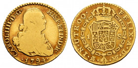 Charles IV (1788-1808). 1 escudo. 1794. Madrid. MF. (Cal-1111). Au. 3,34 g. F/Choice F. Est...120,00. 

Spanish Description: Carlos IV (1788-1808). ...