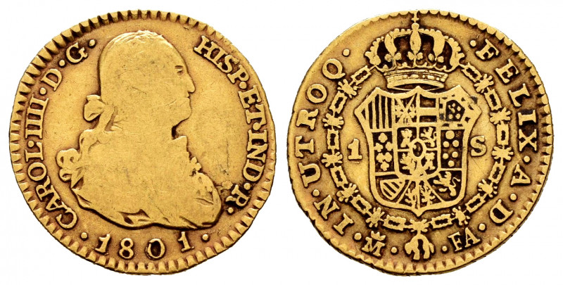 Charles IV (1788-1808). 1 escudo. 1801. Madrid. FA. (Cal-1119). Au. 3,25 g. F/Ch...