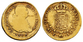 Charles IV (1788-1808). 1 escudo. 1805. Popayán. JT. (Cal-1167). (Restrepo-85-32). Au. 3,30 g. Scarce. Choice F. Est...150,00. 

Spanish Description...