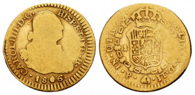 Charles IV (1788-1808). 1 escudo. 1806. Popayán. JT. (Cal-1169). (Restrepo-85-36). Au. 3,19 g. Scarce. F. Est...130,00. 

Spanish Description: Carlo...