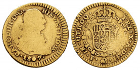 Charles IV (1788-1808). 1 escudo. 1807. Popayán. JF. (Cal-1170). (Restrepo-85-38). Au. 3,15 g. F. Est...130,00. 

Spanish Description: Carlos IV (17...
