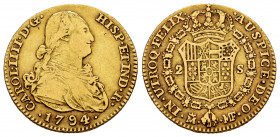 Charles IV (1788-1808). 2 escudos. 1794/3. Madrid. MF. (Cal-1281). Au. 6,67 g. Overdate. Almost VF. Est...280,00. 

Spanish Description: Carlos IV (...