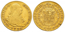 Charles IV (1788-1808). 2 escudos. 1794. Madrid. MF. (Cal-1282). Au. 6,68 g. Almost VF. Est...280,00. 

Spanish Description: Carlos IV (1788-1808). ...