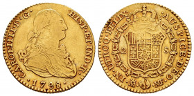 Charles IV (1788-1808). 2 escudos. 1798. Madrid. MF. (Cal-1290). Au. 6,67 g. Almost VF/VF. Est...300,00. 

Spanish Description: Carlos IV (1788-1808...