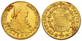 Charles IV (1788-1808). 2 escudos. 1801. Madrid. FA/MF. (Cal-1302). Au. 6,74 g. Rectified assayer mark. VF/Choice VF. Est...320,00. 

Spanish Descri...