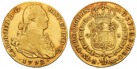 Charles IV (1788-1808). 4 escudos. 1792. Madrid. MF. (Cal-1475). Au. 13,47 g. Almost VF/VF. Est...600,00. 

Spanish Description: Carlos IV (1788-180...