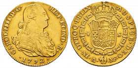 Charles IV (1788-1808). 4 escudos. 1792. Madrid. MF. (Cal-1475). Au. 13,34 g. Traces of soldering. Choice F/VF. Est...600,00. 

Spanish Description:...