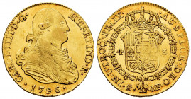 Charles IV (1788-1808). 4 escudos. 1796. Madrid. MF. (Cal-1478). Au. 13,50 g. It retains some original luster on reverse. Choice VF/Almost XF. Est...6...