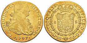 Charles IV (1788-1808). 8 escudos. 1797. Lima. IJ. (Cal-1596). (Cal onza-989). Au. 27,03 g. With some original luster remaining. VF/Almost XF. Est...1...