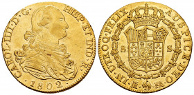 Charles IV (1788-1808). 8 escudos. 1802. Madrid. FA. (Cal-1621). (Cal onza-1012 var). Au. 26,81 g. Without dot behind FELIX neither before AUSPICE. VF...
