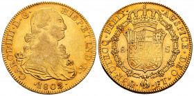 Charles IV (1788-1808). 8 escudos. 1802. México. FT. (Cal-1645). (Cal onza-1037). Au. 27,04 g. Some original luster remaining. VF/Almost XF. Est...140...