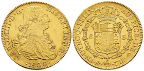 Charles IV (1788-1808). 8 escudos. 1806. México. TH. (Cal-1651). (Cal onza-1042). Au. 27,04 g. Minor nicks on edge. Choice VF/Almost XF. Est...1400,00...