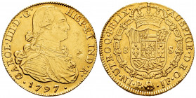 Charles IV (1788-1808). 8 escudos. 1797. Popayán. JF. (Cal-1669). (Cal onza-1060). (Restrepo-98-14). Au. 24,73 g. Low weight. Choice VF/Almost XF. Est...