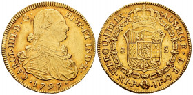 Charles IV (1788-1808). 8 escudos. 1797. Popayán. JF. (Cal-1669). (Cal onza-1060). (Restrepo-98-14). Au. 27,03 g. Minor nicks on edge. Choice VF. Est....