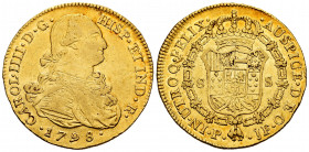 Charles IV (1788-1808). 8 escudos. 1798. Popayán. JF. (Cal-1670). (Cal-1071). (Restrepo-98-16). Au. 26,97 g. VF/Choice VF. Est...1200,00. 

Spanish ...