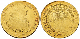 Charles IV (1788-1808). 8 escudos. 1799. Popayán. JF. (Cal-1671). (Cal onza-1062). (Restrepo-98-18). Au. 26,97 g. Minor nicks on edge. Almost VF/VF. E...