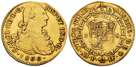 Charles IV (1788-1808). 8 escudos. 1800. Popayán. JF. (Cal-1673). (Cal onza-1063). (Restrepo-98-20). Au. 26,96 g. VF/Choice VF. Est...1200,00. 

Spa...