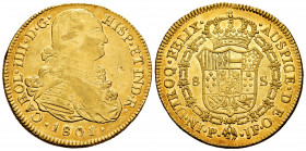 Charles IV (1788-1808). 8 escudos. 1801. Popayán. JF. (Cal-1674). (Cal onza-1064). (Restrepo-98-22). Au. 27,04 g. Minor marks on obverse. Minor nick o...