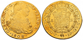 Charles IV (1788-1808). 8 escudos. 1802. Popayán. JF. (Cal-1676). (Cal onza-1065). (Restrepo-98-24). Au. 27,04 g. Scratches on obverse. VF/Choice VF. ...