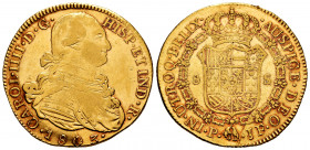 Charles IV (1788-1808). 8 escudos. 1803. Popayán. JF. (Cal-1677). (Cal onza-1066). (Restrepo-98-26). Au. 26,96 g. Minor nick on edge. VF/Choice VF. Es...