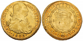 Charles IV (1788-1808). 8 escudos. 1805. Popayán. JT. (Cal-1684). (Cal onza-1070). (Restrepo-98-32). Au. 26,94 g. Small planchet flaws. Scratch on rev...